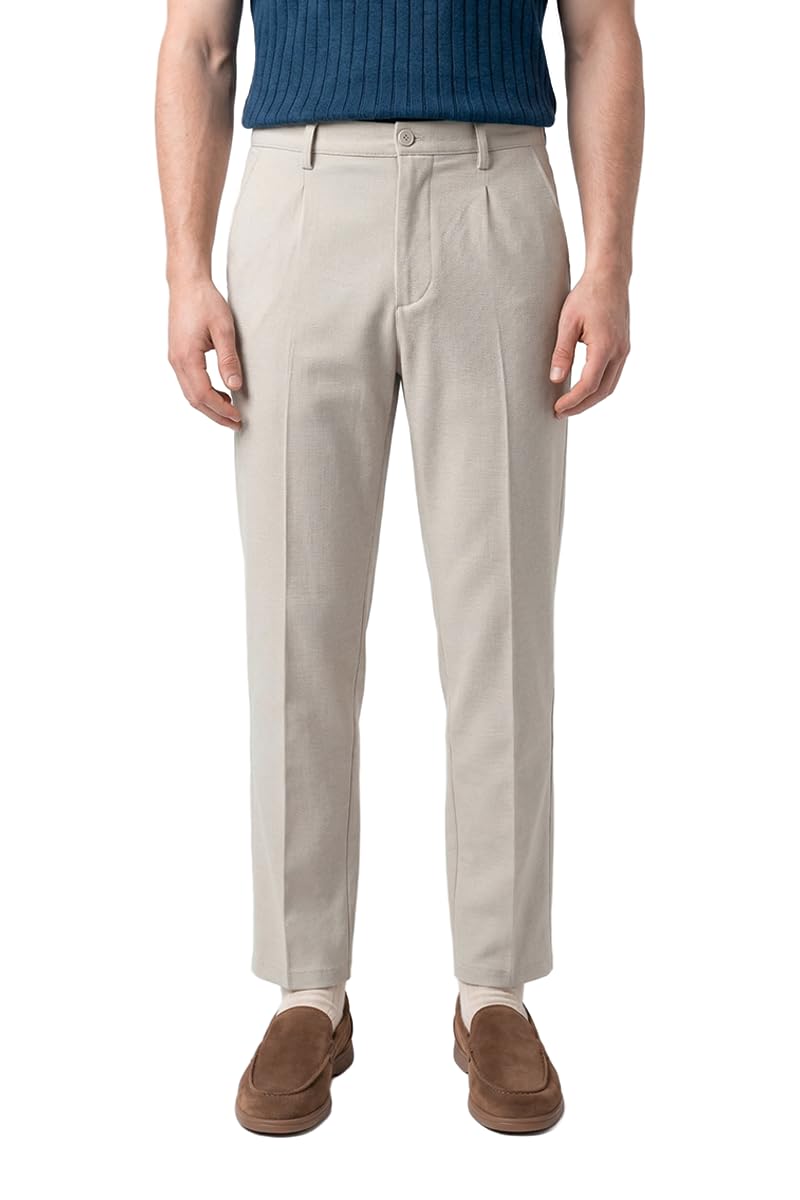 SNITCH Legacy Men Trousers Casual Wear | Relaxed Fit Straight Leg Plain Design Mid Rise & Solid Pattern | Premium Cotton Blend Stretchy Fabric for Daily Work & Weekend Outings in neutral