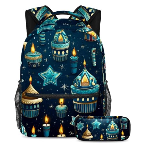 Sac à dos Blue Fantasy Hanukkah avec trousse pour l'école et les voyages