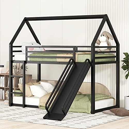 BOVZA Metal Twin Over Twin House Bunk Bed with Slide and