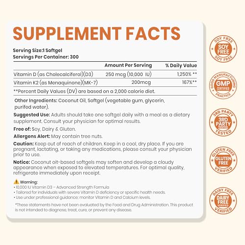 Image of VEV Corefeel Vitamin D3 K2 10,000 IU, 200 mcg MK-7, 300 Coconut Oil Softgels