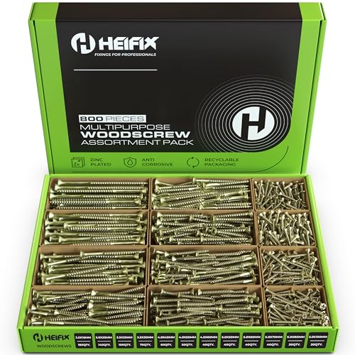 Heifix 800-Piece Wood Screw Assortment Set In Eco Storage Box - FREE Screw Bit Included - Double Countersunk, Pozi, Heavy Duty - For DIY, Floorboard, Wood Fences