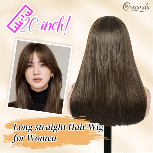 Image of Creamily Straight Long Hair Wig for Woman Girls Full Head Natura,Brown Artificial Women Hair Wig,Synthetic Ladies Wigs with Bang for Daily Use (Brown, 20 inch)
