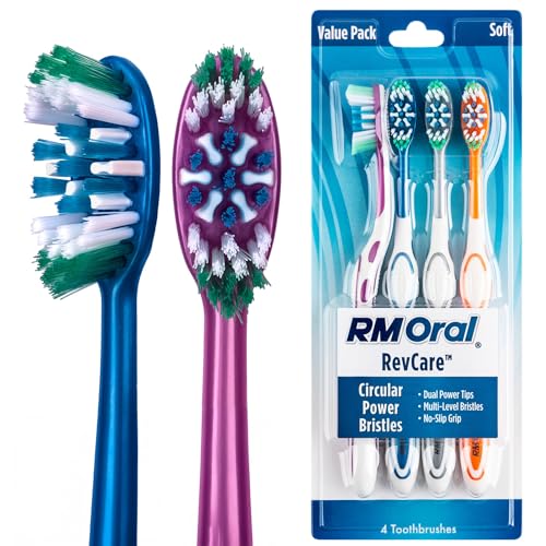 Image of RM Oral RevCare Soft Toothbrush, Circular Power Bristles Power Away Plaque, Tongue & Cheek Cleaner Fights Bad Breath, 4 Count
