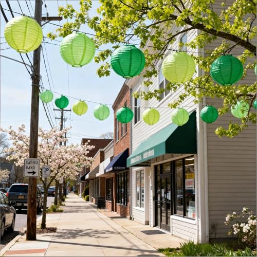 Image of Chinese Paper Lanterns - Pack of 10, 10-Inch Light Green /Green Hanging Lights for Birthday Party Decorations, Ceiling Decor, Rainbow Classroom, Wedding, and Home Party