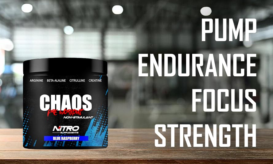 Image of Nitro Supplements - Chaos - Non Stim Pre-Workout (30 Sevings) Beta-Alanine, L-Citrulline, Arginine, Creatine, Taurine Stim-Free Non-Stimulant (30 Servings, Blue Raspberry)