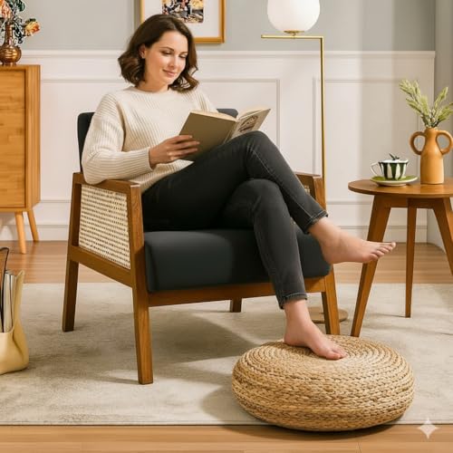 Image of Solid Sheesham Wood Arm Chair with Cushion || Cane Chairs for Balcony || Wooden Armrest Chair Garden Chairs Outdoor & Indoor || Dining Chair for Living Room Furniture Bedroom Home Brown Finish