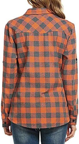 Genhoo Womens Flannel Shirts Roll Up Long Sleeve Plaid Shirt Collared Button Down Gingham Casual Top S-4XL - Image 5