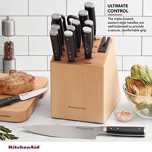 Kitchenaid Gourmet 14 Piece Forged Triple Rivet Knife Block Set With Built In Knife Sharpener, High Carbon Japanese Stainless Steel Kitchen Knives, Sharp Kitchen Knife Set With Block, Birchwood #TOP2