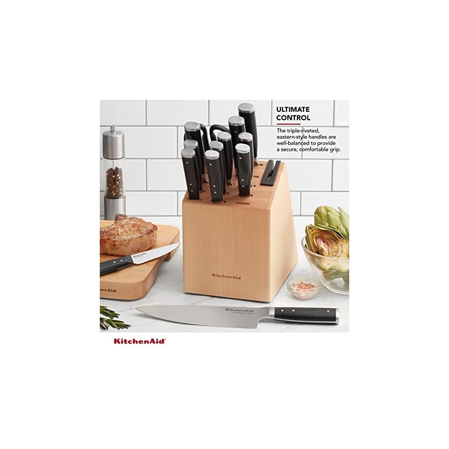 KitchenAid Gourmet Forged Triple Rivet Knife Block Set with Built-in Knife Sharpener, High Carbon Japanese Stainless Steel Kitchen Knives, Sharp Kitchen Knife Set with Block, Birchwood,14-Piece, Black