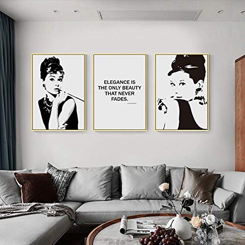 AKLIGSD Cuadros en Lienzo Audrey Hepburn Blanco Y Negro para la Sala de Estar Dormitorio Cocina,50cm x 70cm x 3pcs(Sin Marco)