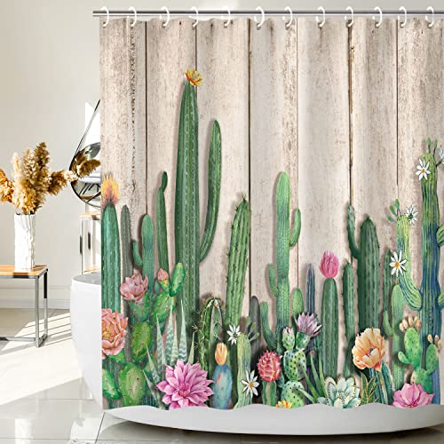 Rosielily Cactus Shower Curtain, Succulent Shower Curtain, Southwest Plant Tropical Desert Style Shower Curtain Set 72Wx72H Inch Shower Curtains With 12 Hooks Wooden Board Bathroom Decor #TOP4