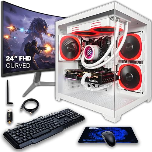 Image of SAAV CORE Prebuilt Gaming PC Bundle Desktop Tower AMD Ryzen 7 5800X Radeon RX 9060 XT 8GB GDDR6 Curved 24in Monitor 32GB DDR4 1TB NVMe WiFi 6 Windows 11 AIO Liquid Cooled Computer PC Gaming Black