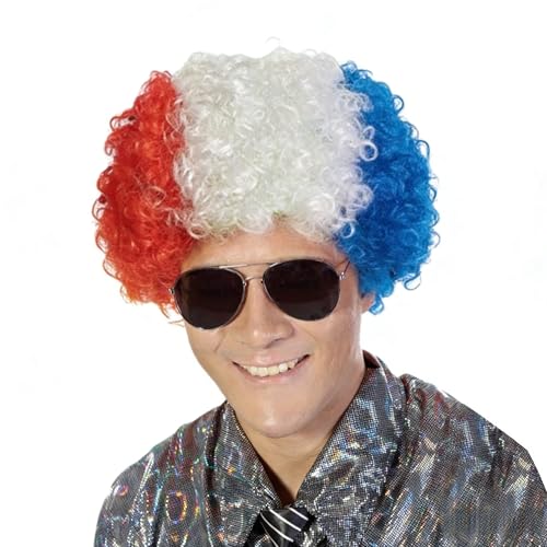 Image of FREE BEAUTY France Flag Colored Afro Wig for Men Women 2026 World Cup Fan Wig Soccer Fans Cheer Hair Blue White Red Afro Wigs for Football Fans for Stadium Party Cosplay (France)