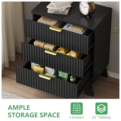 Image of Fluted Dresser for Bedroom with 3 Drawers, 24 inch Wide Modern Chest of Drawers with Metal Handle, Wooden Dresser TV Stand, Wood Closet Clothes Storage Drawer Organizer for Living Room, Hallway, Black