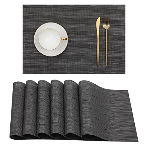 U'Artlines Placemats, Heat-Resistant Placemats Stain Resistant Anti-Skid Washable PVC Table Mats Woven Vinyl Placemats, Set of 6 (Black)