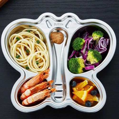 Image of Happy Hues Stainless Steel Divided Meal Plate Tray-3 Compartments Dinner Dish for Baby (Butterfly 02)