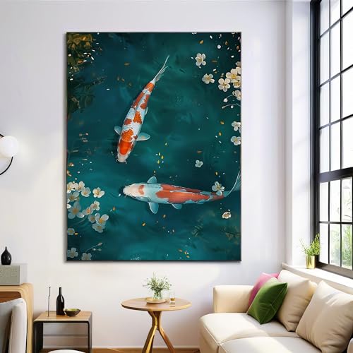 Lienzo de koi y flores caídas de estilo animal chino en turquesa sin marco 60x80cm