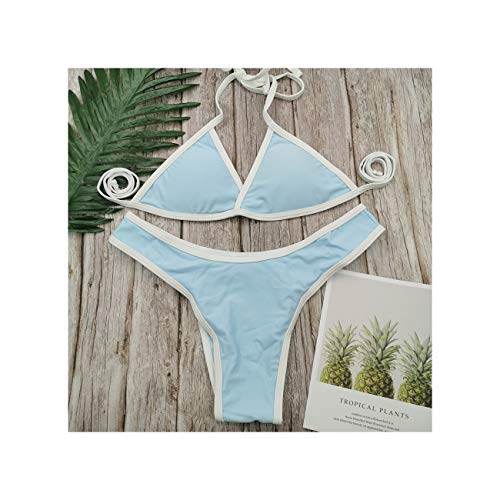 Ives Jean Conjunto de Bikini Sexy Traje de baño de Color Liso Mujeres Triángulo francés Traje de baño de Cintura Baja Traje de baño Femenino con Cordones en la Espalda Azul Cielo XL