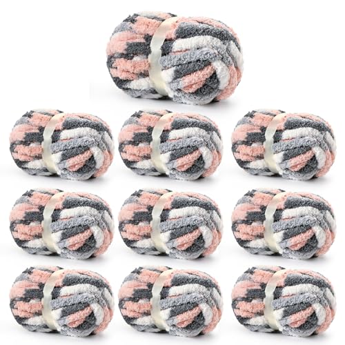 Image of Chunky Jumbo Chenille Yarn Multicolor 10 Pack | 2000g /240yds Super Bulky Baby Soft Yarn for Hand Knitting Fluffy Chunky Knit Throw Blanket Yarn