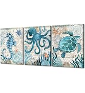 Ocean Animal Painting Wall Art Turtle Octopus Seahorse Wall Decor Picture Vintage Nautical Map Ca...
