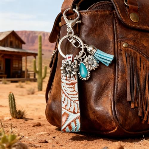 Accessoires de porte-clés occidentaux en cuir bohème turquoise