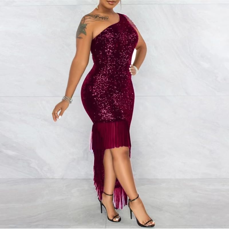 Image of Cololura Women Sequin Elegant Sexy Tassels One Shoulder Mermaid Bodycon Cocktail Evening Midi Party Formal Dress