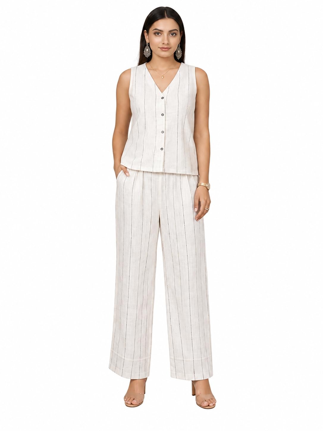 Women's Striped Co-ord Set, Sleeveless Waist Coat Top and Wide-Leg Trousers-image-26