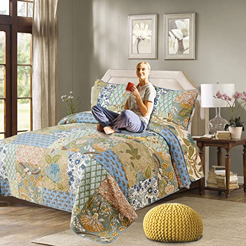Vaputar 100% Cotton King Size Quilt Bedding Set, Handmade Farmhouse Bohemian Lightweight Bedspreads King Size, Real Patchwork Quilt Bedspread Sets For All Season, 3 Pieces #TOP7