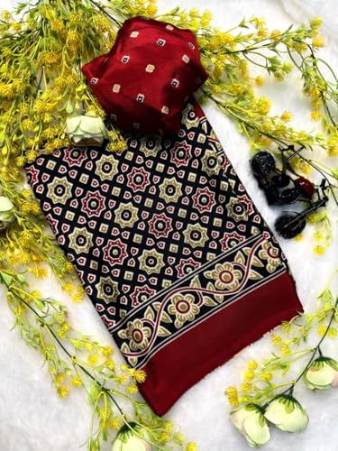 Image of Modal Silk Ajrakh Saree Bandhani Design Crepe Printed Designer Pallu Attach Blouse Piece