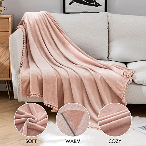 Miulee Pink Twin Blanket With Pompom Tassel Soft Flannel Cozy Flesh Bed Throw Blankets Fuzzy Plush Warm Light Pink Boho Decor For Couch Sofa Bed Twin Size 60"X80" Inch, Coral Pink #TOP1