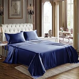 CozyLux Satin Sheets Twin Size – 3 Piece Navy Blue Bed Sheet Set with Silky Microfiber, 1 Deep Pocket Fitted Sheet, 1 Flat Sheet, and 1 Pillowcase – Smooth and Soft