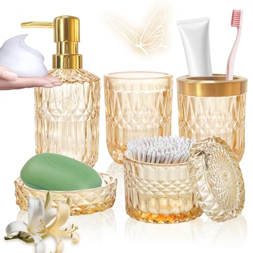 Gold Glass Bathroom Accessories Set - 5Pcs Bathroom Accessories Complete Set Modern Bathroom Decor With Soap Dispenser Dish Toothbrush Holder Tumbler Cotton Swab Jars