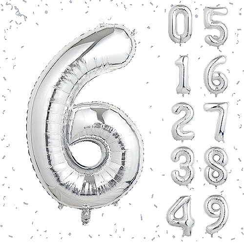 Image of 40 Inch Silver Number Balloons, Helium Mylar Foil Number Balloons for Birthdays, Number 6 Balloon for Party Wedding Bachelorette Birthday Bridal Shower Anniversary Celebration Party Decorations