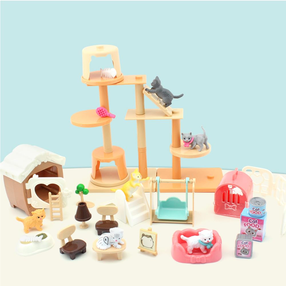 YANGUNPet Pretend Play Toys, Cat Figures Playset, Realistic Pet Care Center, Cat House Furniture Toys, Cat Toys for Doll Accessories, Cat Care Role Play Educational Toys for Kids 4 5 6 7 8 Years(Cat)