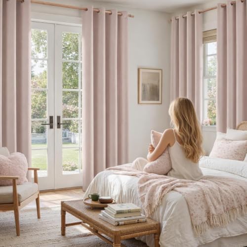 Image of HOMEIDEAS 100% Blackout Blush Pink Linen Curtains 52W x 84L 2 Panels | Faux Linen, Thermal Insulated, Blackout Grommet Window Drapes, for Bedroom, Living Preppy Room Decor, Nursery