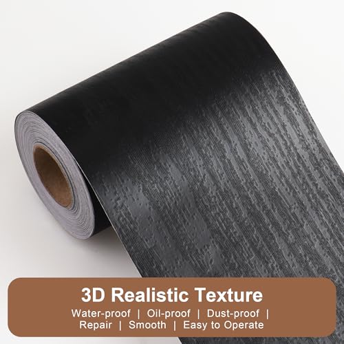 Image of JUNART Wood Grain Repair Tape(10cmx1000cm), Self-Adhesive Waterproof Realistic Textured Repair Duct Tape for Tables, Baseboards, Doors, Windows, and Floors with Plastic Scraper(Black Wood)