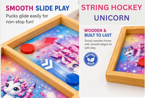 Image of Unicorn String Hockey Game for Kids & Family | Fast Sling Puck Board Game with 5 Red & 5 Blue Coins | Wooden Tabletop Indoor Outdoor Game | Birthday Return Gift for Boys Girls Age 5+