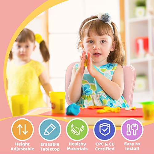 Image of FUNLIO Kids Table and 4 Chairs Set, Height Adjustable Toddler Table and Chair Set for Ages 3-8, Easy to Wipe Arts & Crafts Table, for Classrooms /Daycares /Homes, CPC & CE Approved (5-Piece Set) - Pink