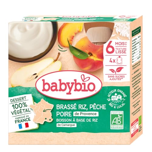 Babybio Gourde Brassé Riz Pêche Poire Bio, 4 x 85g