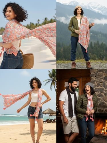 Image of KE KANHA EXPORTS Scarf for Women Boho | Border Print Stylish | Stole for Women Breathable Summer Beach Wrap with Tassels | Multicolour |180 x 50 cm FREE Scrunchie Included