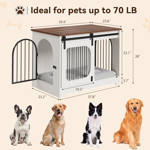 Dog Crate Furniture, 39.4 in Dog Kennel for Dogs Up to 70 LB, with Bed Mat, Heavy-Duty Dog Cage End Table, Three Doors Dog House, White/Brown - Image 7