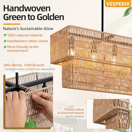 VESPERIX 34" Large Rattan Chandelier, 6-Light Boho Chandelier for Dining Room Lighting Fixtures, Rectangle Handwoven Hanging Light for Kitchen Island, Bedroom, Foyer, Living Room (Bulb Not Included)