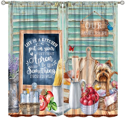 wlsgdsg Farmhouse Vintage Kitchen Curtains,Watercolor Rustic Apple Vegetable Kitchenware Knife and Fork Butterfly Kitchen Slogan Blackout Window Treatments Drapes for Living Room Dining Room 63x63in