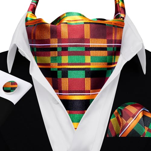 Image of Barry.Wang Ascot Ties Cravat Tie Men Paisley Plaid Scarf Self Tie Pocket Square Cufflinks Set Wedding Party