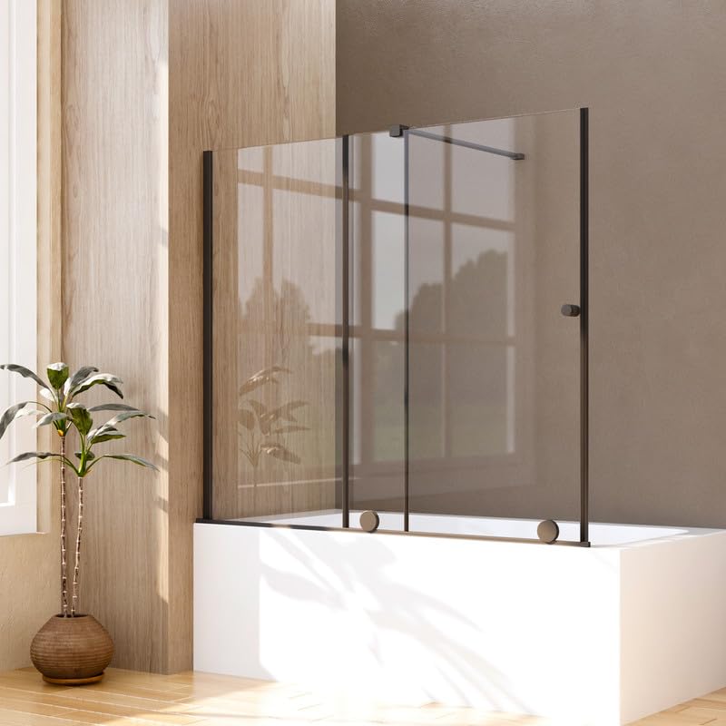 Goezes Duschwand für Badewanne 125x120cm Schwarz Schiebetür, Glas...
