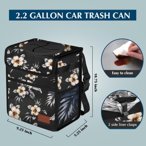 Image of Femuar Leak Proof Car Trash Can with Lid, Collapsible Hanging Waterproof Car Trash Bag with Mesh Pocket for SUV Front Seat Headrest, Hibiscus Flower