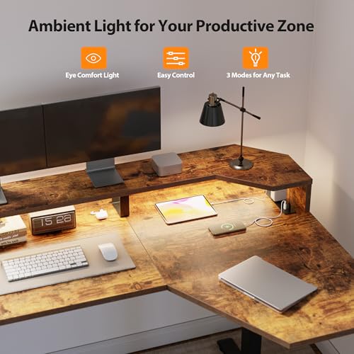 Image of Agilestic 63 Inch L Shaped Electric Standing Desk with Shelf, Height Adjustable Large Desk with Power Outlets & LED, Corner Sit Stand Up Table with Monitor Stand, Computer Workstation, Rustic Brown