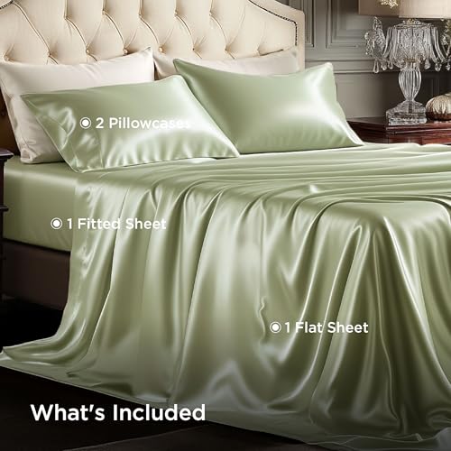 Image of Bedsure Green Satin Sheets King Size, Soft Silky Bedsheets for Hair & Skin | Similar to Silk Bed Sheets Set 4 Piece with 15 Inches Deep Pocket Fitted Sheet,1 Flat Sheet, 2 Satin Pillowcases