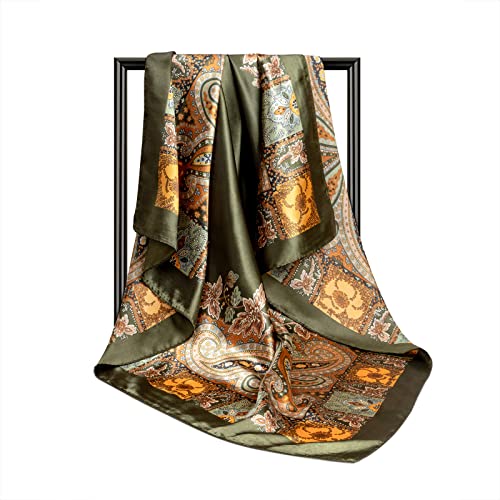 Image of DRESHOW 35 inch Large Square Satin Head Scarf - 4Pcs Silk Accessories Classic Patterned Squares Beach Bandanas for Women