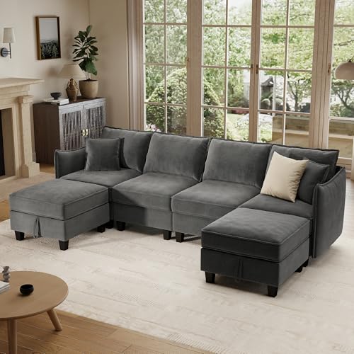 Image of Ihanherry 112 inch Modular U-Shaped Sectional Sofa, Modern 6-Seat Cloud Couch with 2 Storage Ottomans, Comfy Chenille Convertible Furniture Set for Living Room, Apartment, Easy Assembly, Dark Grey